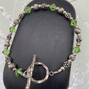 Vintage Silver and Green Crystal Beaded Bracelet with toggle closure